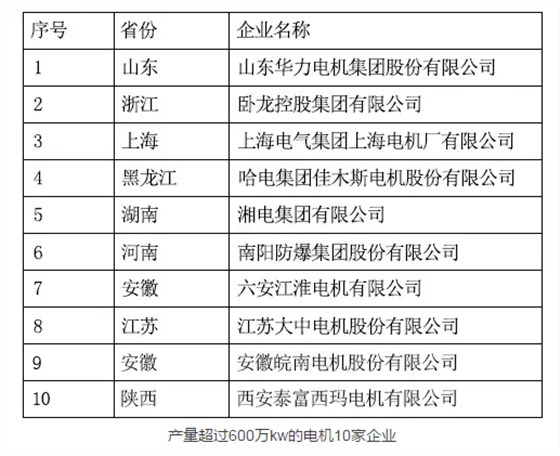 產(chǎn)量超過(guò)600萬(wàn)kw的電機(jī)10家企業(yè)